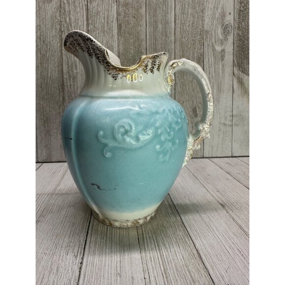 W.H Grindley & Co England Antique Pitcher Porcelain Blue White Gold 7" Tall - Picture 4 of 11